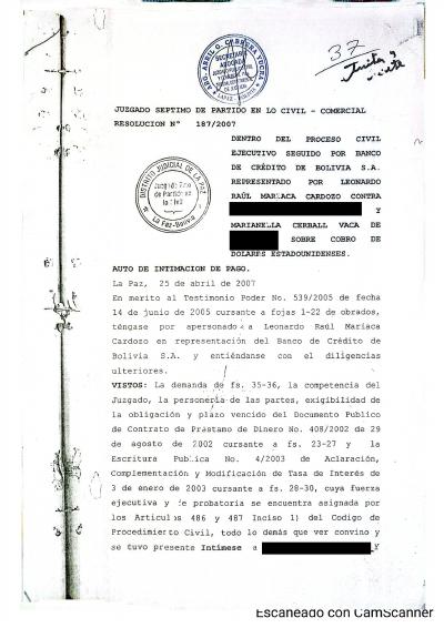 Primera p&aacute;gina del documento: Auto de intimación de pago 187/2007