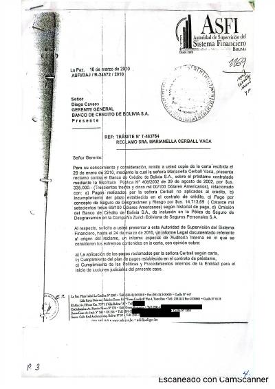 Primera p&aacute;gina del documento: Carta de la ASFI a Diego Cavero — 2010