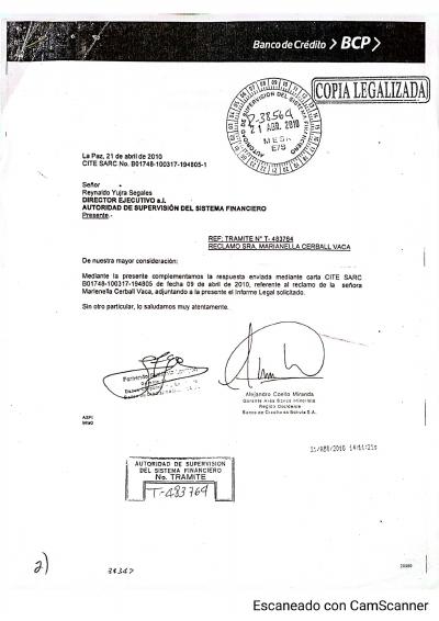 Primera p&aacute;gina del documento: Informe legal del BCP — 2010