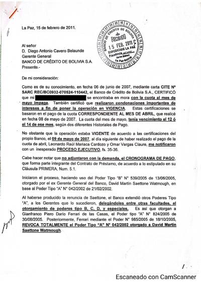 Primera p&aacute;gina del documento: Carta al gerente general del BCP — 2011