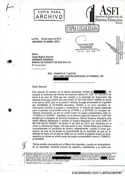 Primera p&aacute;gina del documento: Carta de la ASFI a Jorge Mujica — 2012