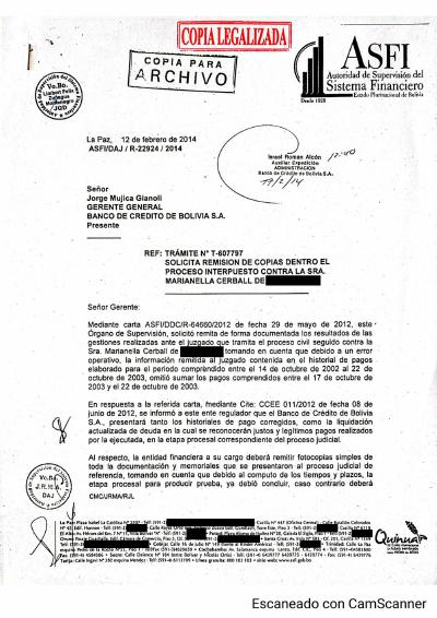 Primera p&aacute;gina del documento: Conminatoria de la ASFI — 12 de febrero de 2014