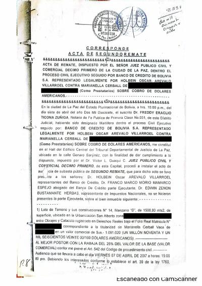 Primera p&aacute;gina del documento: Acta de segundo remate — 12 de abril de 2017