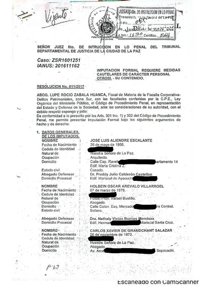 Primera p&aacute;gina del documento: Imputación formal 011/2017 — abogado del banco