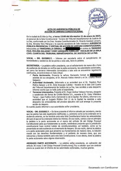Primera p&aacute;gina del documento: Acta de audiencia pública de amparo