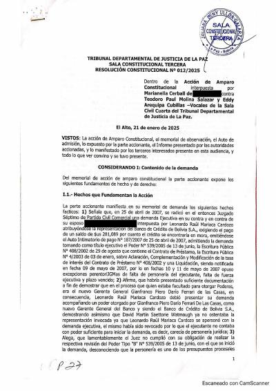 Primera p&aacute;gina del documento: Resolución constitucional 012/2025
