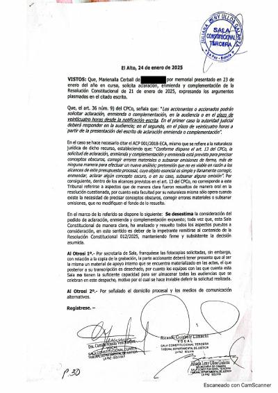 Primera p&aacute;gina del documento: Sala Tercera deniega la enmienda