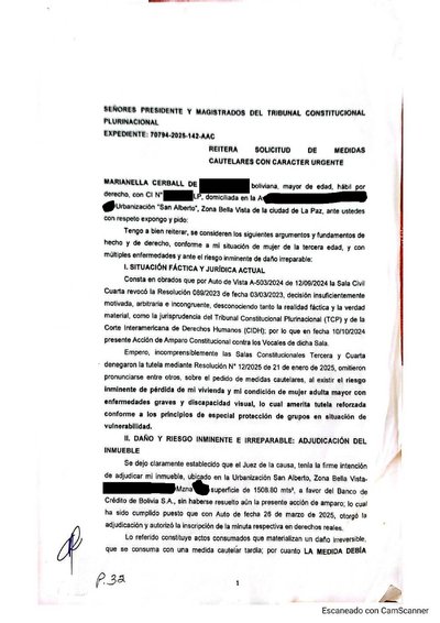 Primera p&aacute;gina del documento: Reitera solicitud de medidas cautelares urgentes