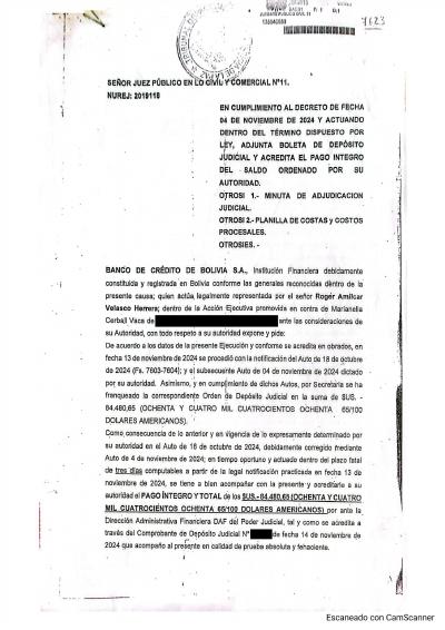 Primera p&aacute;gina del documento: El BCP adjunta boleta de depósito judicial