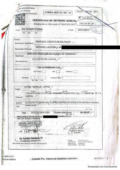 Primera p&aacute;gina del documento: Certificado de depósito judicial N.º 0090176