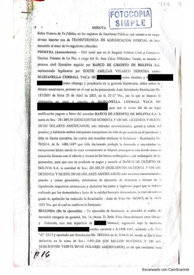 Primera p&aacute;gina del documento: Minuta de transferencia en adjudicación judicial