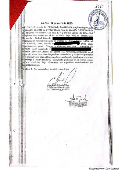 Primera p&aacute;gina del documento: Auto 12/01/2026 — dispone entrega del inmueble