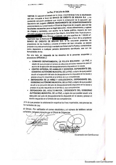 Primera p&aacute;gina del documento: Mandamiento de desapoderamiento — 27 de julio de 2026